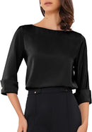 Women’s Satin Blouse | Boat Neck 3/4 Sleeve Work Top