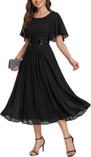Women’s Chiffon Midi Formal Dress | Floral Appliqué A-Line Dress