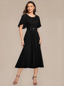 Women’s Chiffon Midi Formal Dress | Floral Appliqué A-Line Dress