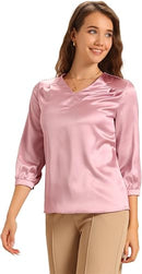 Women’s Satin V-Neck Blouse | 3/4 Sleeve Office Top