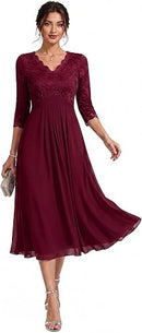 Women’s Lace Chiffon Midi Dress | V-Neck Wedding Guest Dress