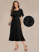 Women’s Chiffon Midi Formal Dress | Floral Appliqué A-Line Dress