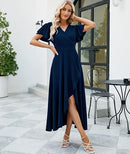 Women’s V-Neck Formal Evening Gown | Ruffle Sleeve Wrap Dress