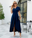 Women’s V-Neck Formal Evening Gown | Ruffle Sleeve Wrap Dress
